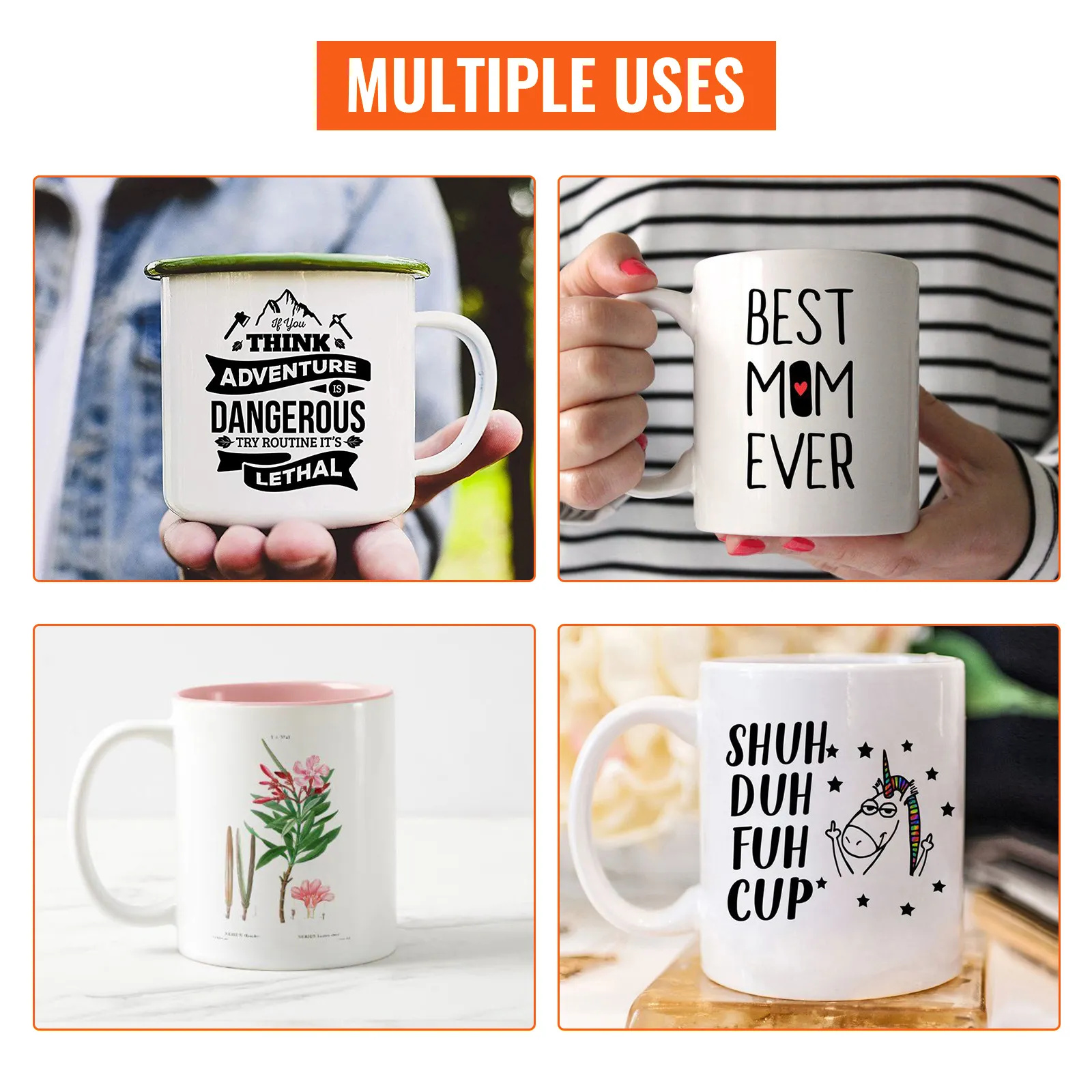 Tazas impresas con prensa térmica VEVOR con diseños de aventuras, mamá, flores y unicornios.