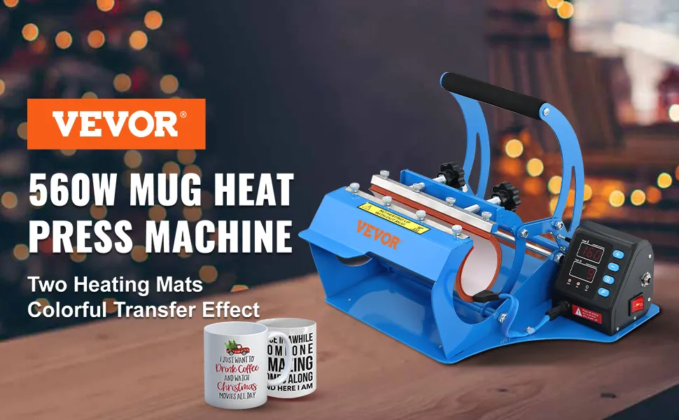 Máquina de prensado térmico de tazas VEVOR con dos tapetes calefactores sobre una mesa festiva.
