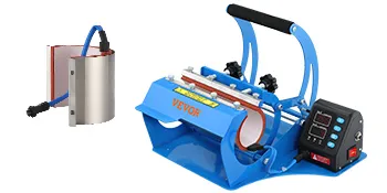 Prensa térmica para tazas VEVOR con controlador digital y mango ajustable en color azul.