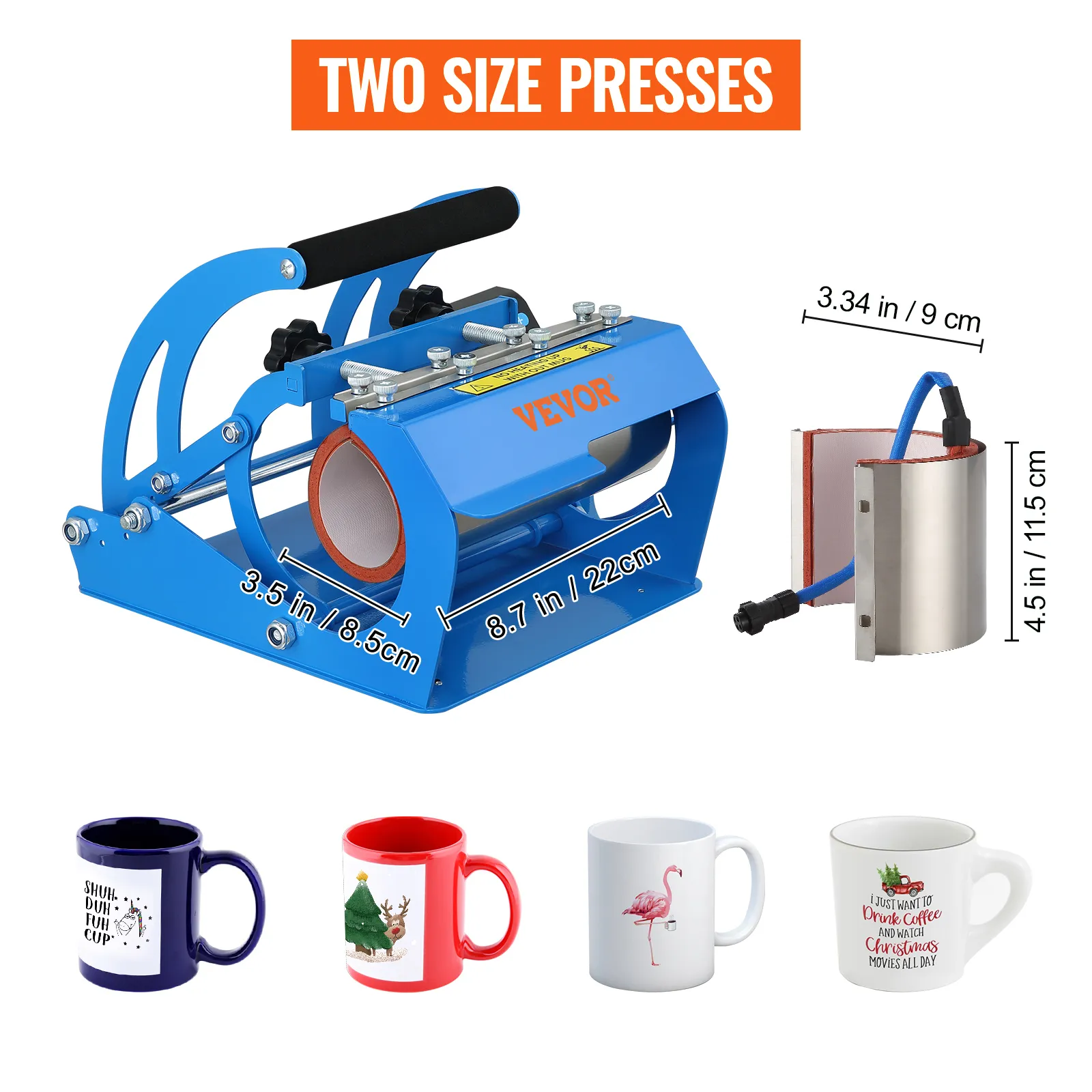 Prensa térmica para tazas VEVOR con dos tamaños, una prensa azul de 8,7 pulgadas y tazas personalizadas.