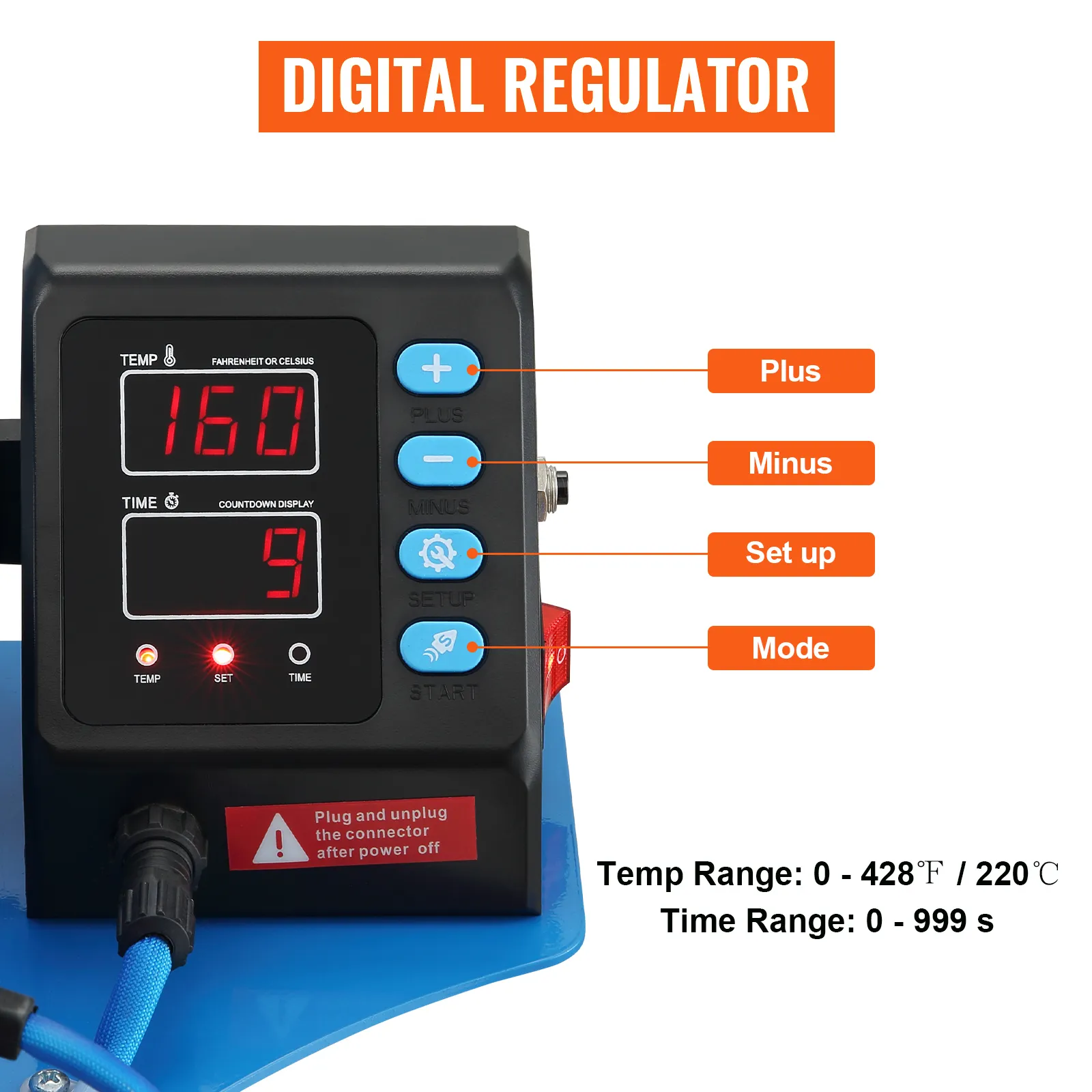 Regulador digital para prensa de calor de tazas VEVOR con configuraciones y pantalla de temperatura.