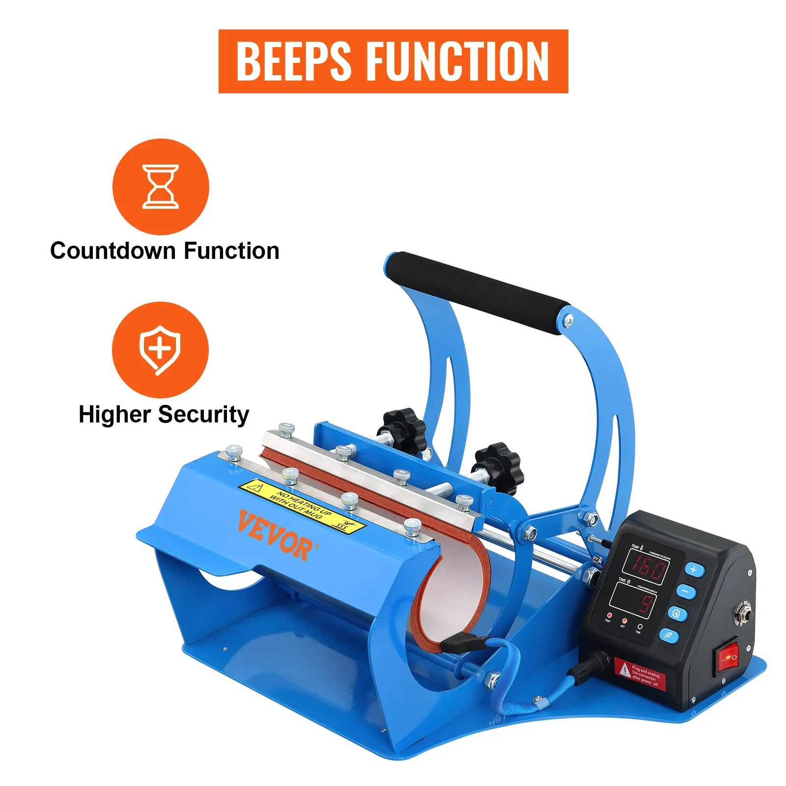 Prensa térmica para tazas VEVOR con función de cuenta regresiva y características de mayor seguridad.