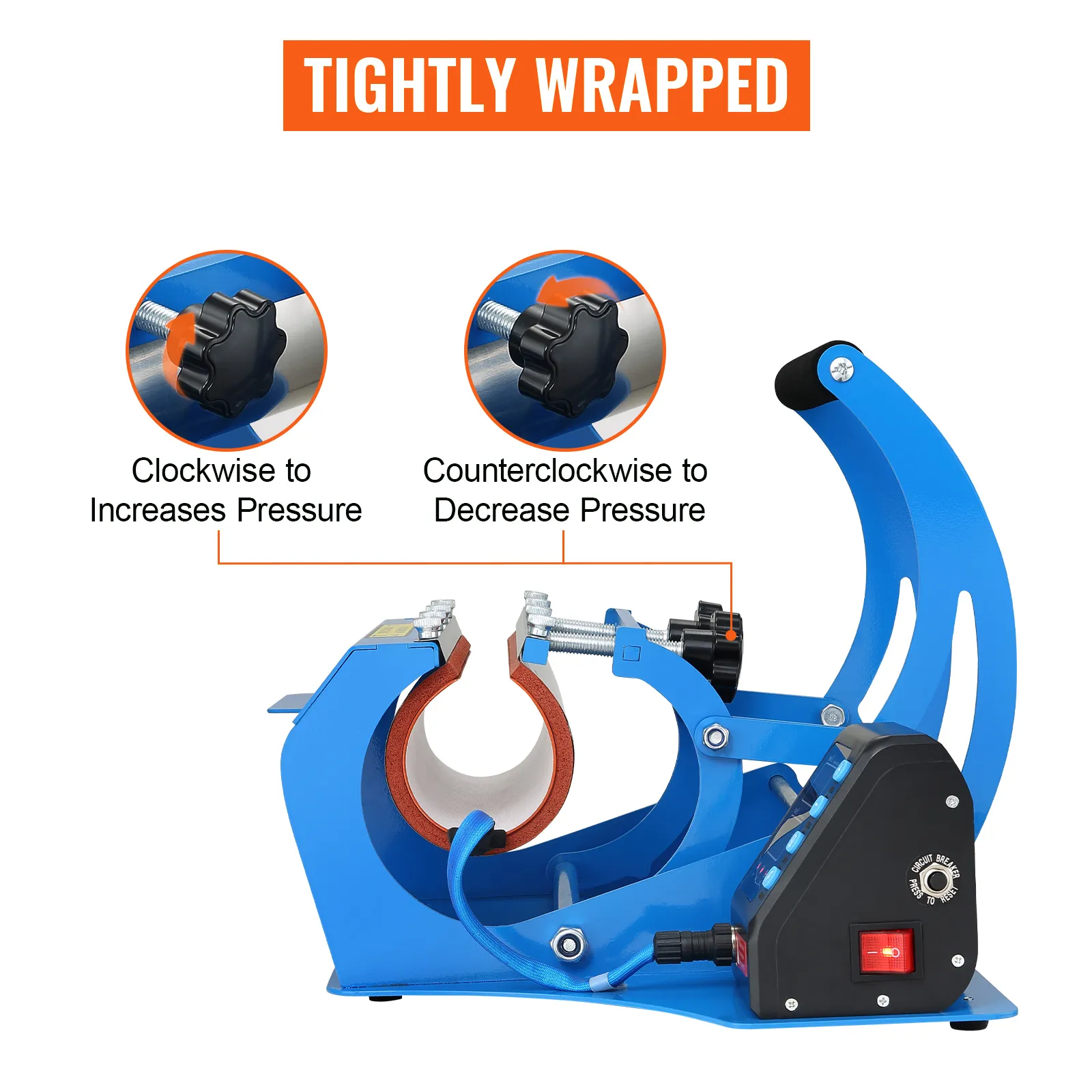 Prensa térmica para tazas VEVOR que demuestra el ajuste de presión con perillas y una taza bien envuelta.