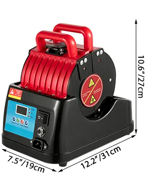 VEVOR mokkenpers 4 in 1 met rode handgrepen, zwarte basis, digitaal display en afmetingen.