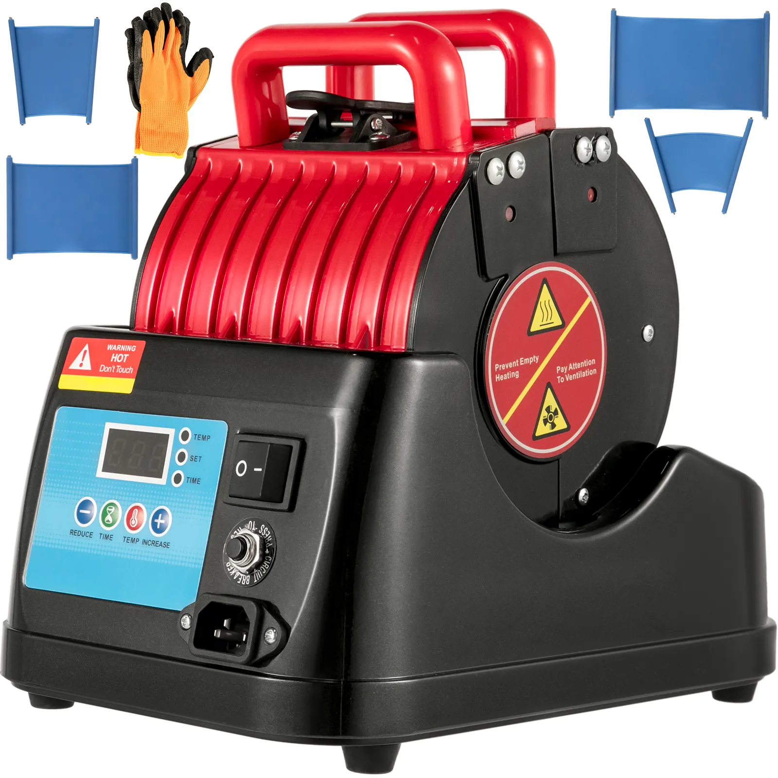 VEVOR mokkenpers 4 in 1 met digitale bediening, oranje handschoenen en blauwe mokkenwikkels.