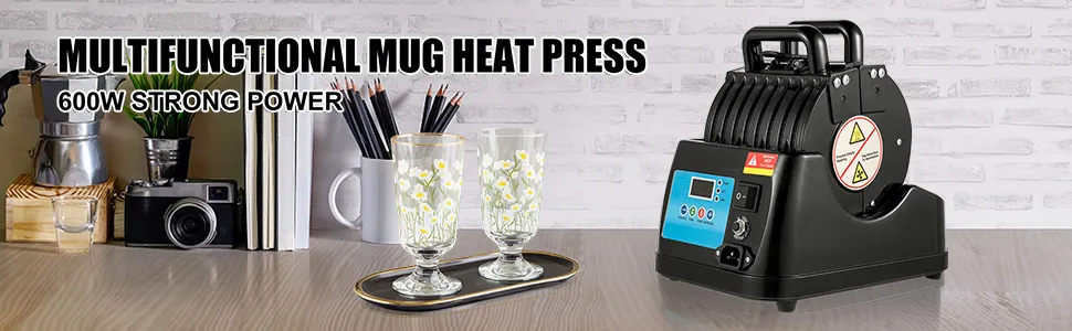 Rechts ist die VEVOR-Tassenpresse abgebildet, links Gläser und Büroartikel.