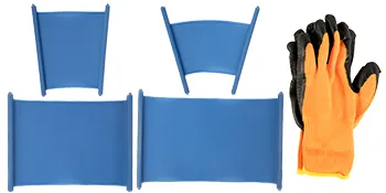 blaue VEVOR-Tassenpressen mit orangefarbenen und schwarzen Handschuhen auf weißem Hintergrund.