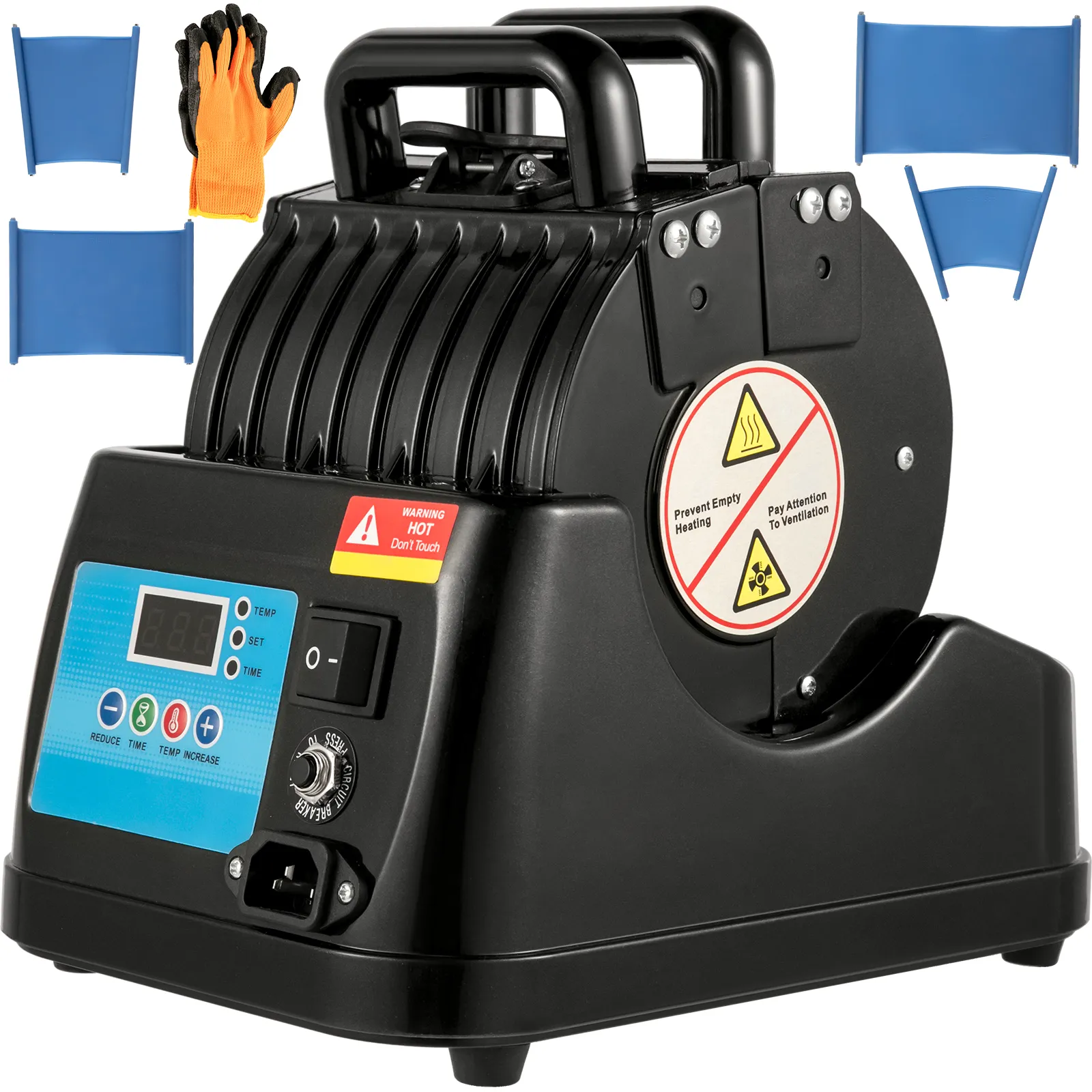 VEVOR-Tassenpresse mit Bedienfeld, Sicherheitshandschuhen und blauen Tassenhaltern.