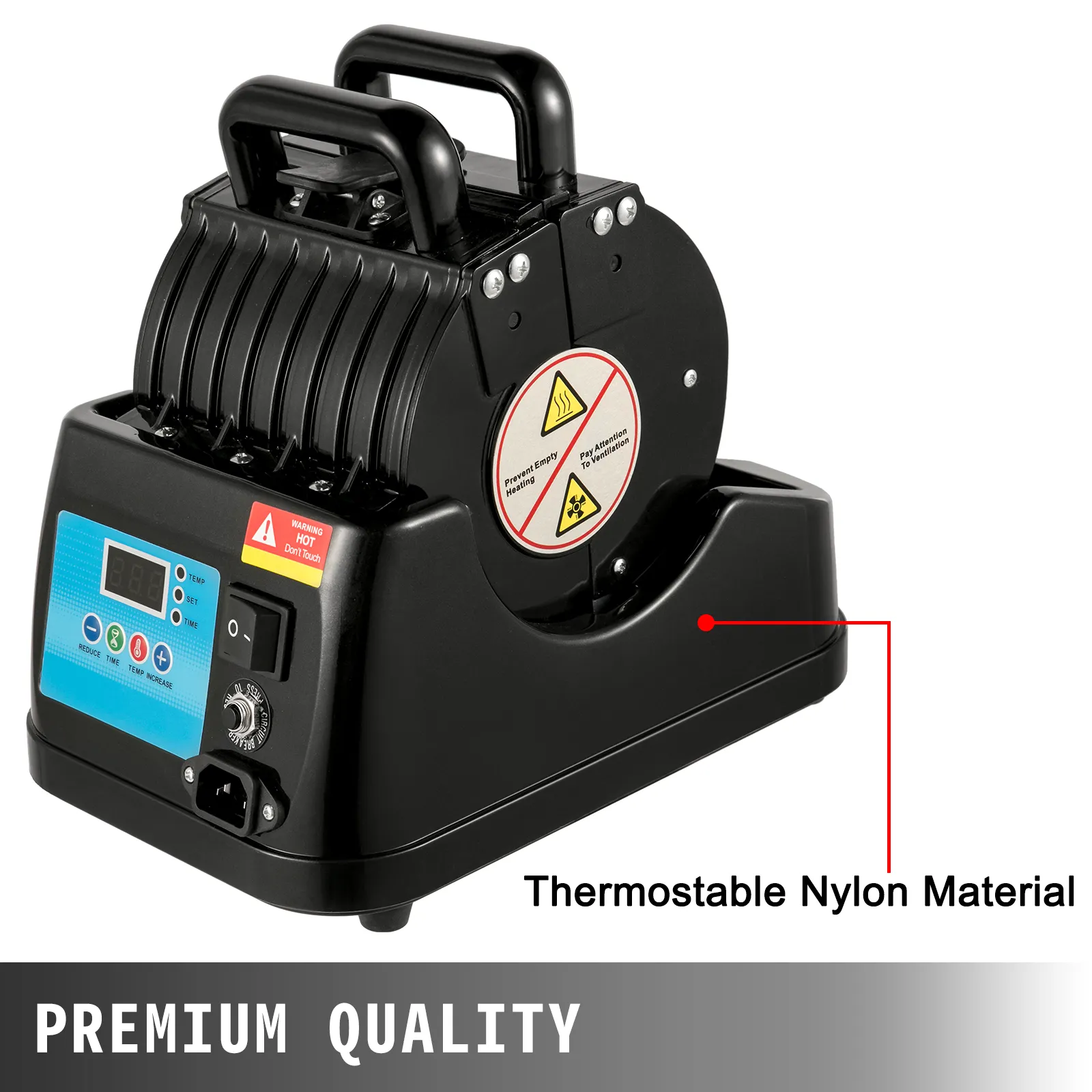 VEVOR-Tassenpresse mit thermostabilem Nylonmaterial und digitalem Bedienfeld.