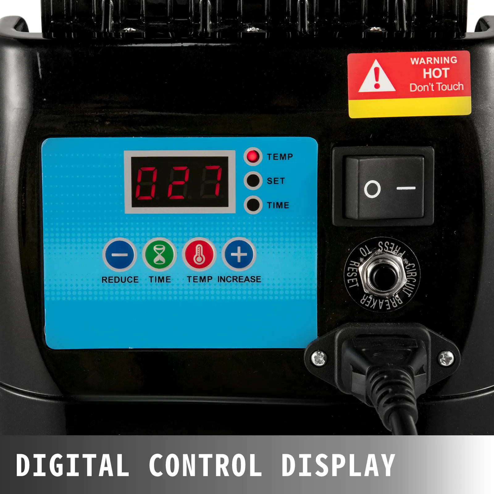 Digitale Kontrollanzeige der VEVOR-Tassenpresse mit Temperatur- und Zeiteinstellungen.