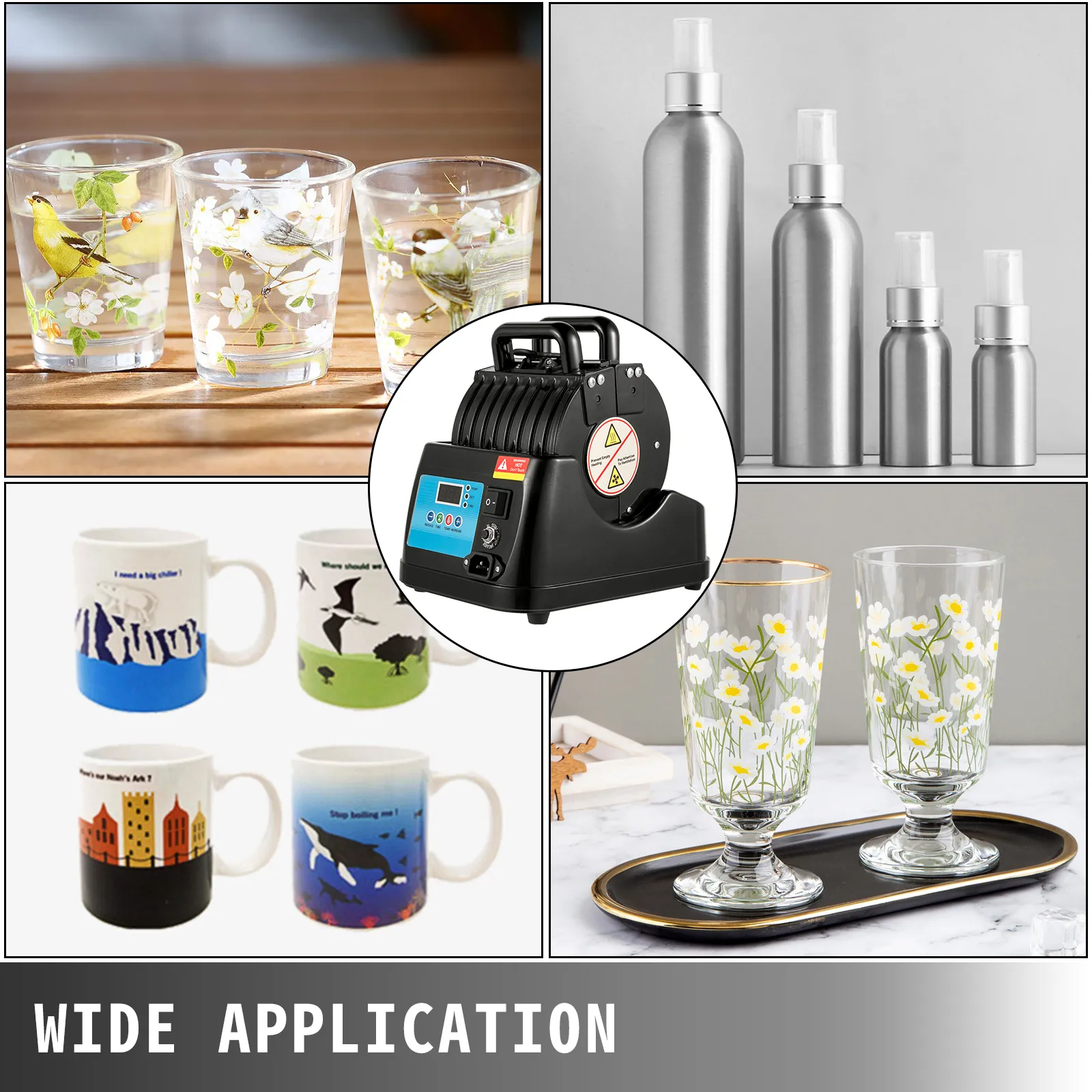 VEVOR-Tassenpresse, umgeben von dekorierten Gläsern, Tassen und silbernen Sprühflaschen.