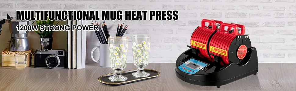 Prensa térmica para tazas multifuncional VEVOR con 1200 W de potencia, además de tazas de vidrio y decoración.