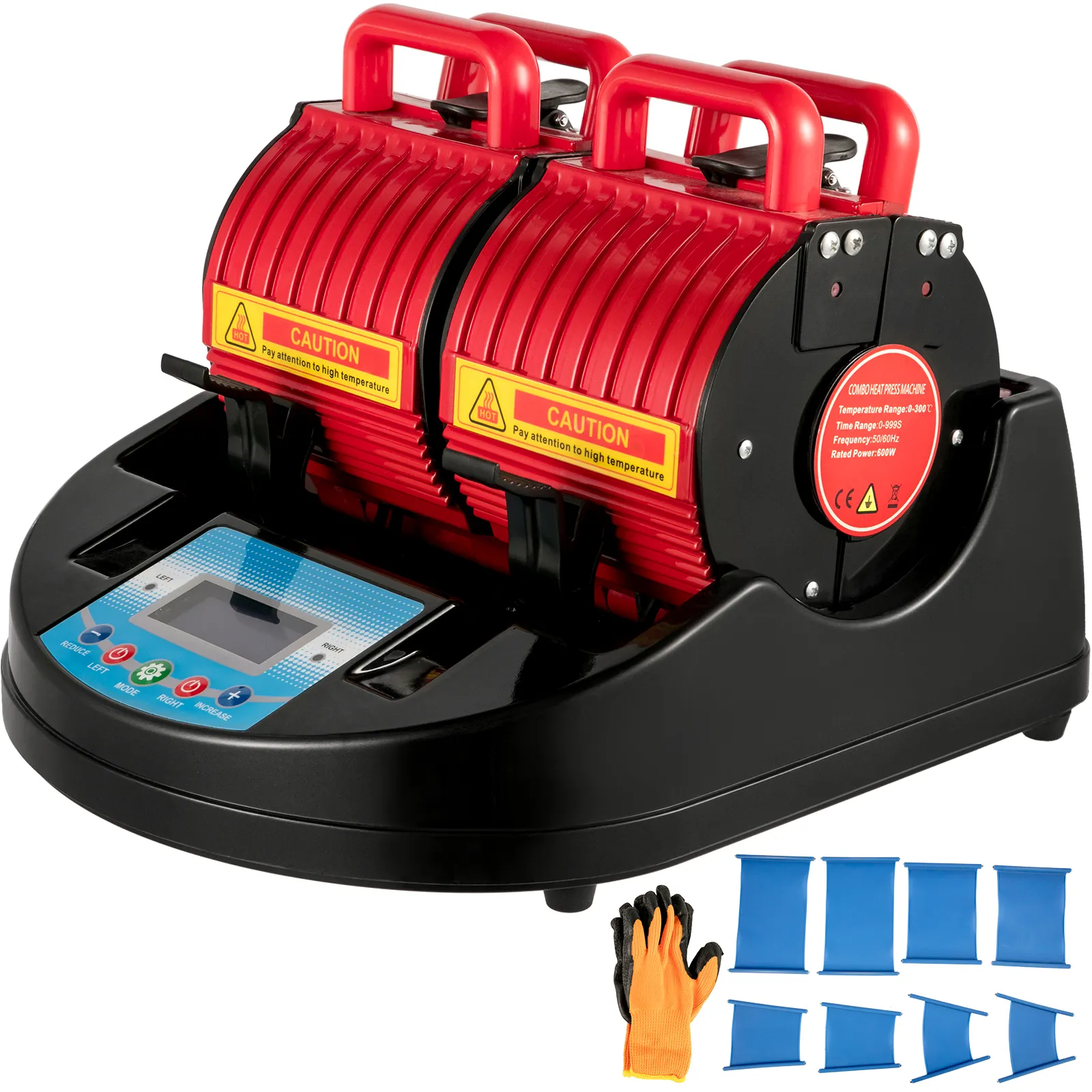 Prensa térmica para tazas VEVOR con dos elementos calefactores rojos, panel de control y accesorios.