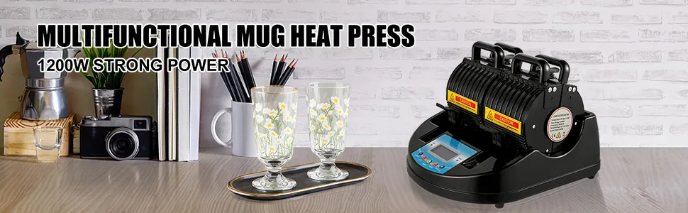 Prensa de tazas VEVOR sobre mesa con cámara, tazas y decoración de fondo.