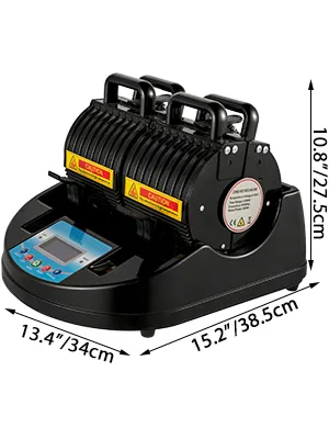 Prensa de tazas VEVOR, color negro, con dimensiones 15,2x13,4x10,8 pulgadas, panel de control frontal.