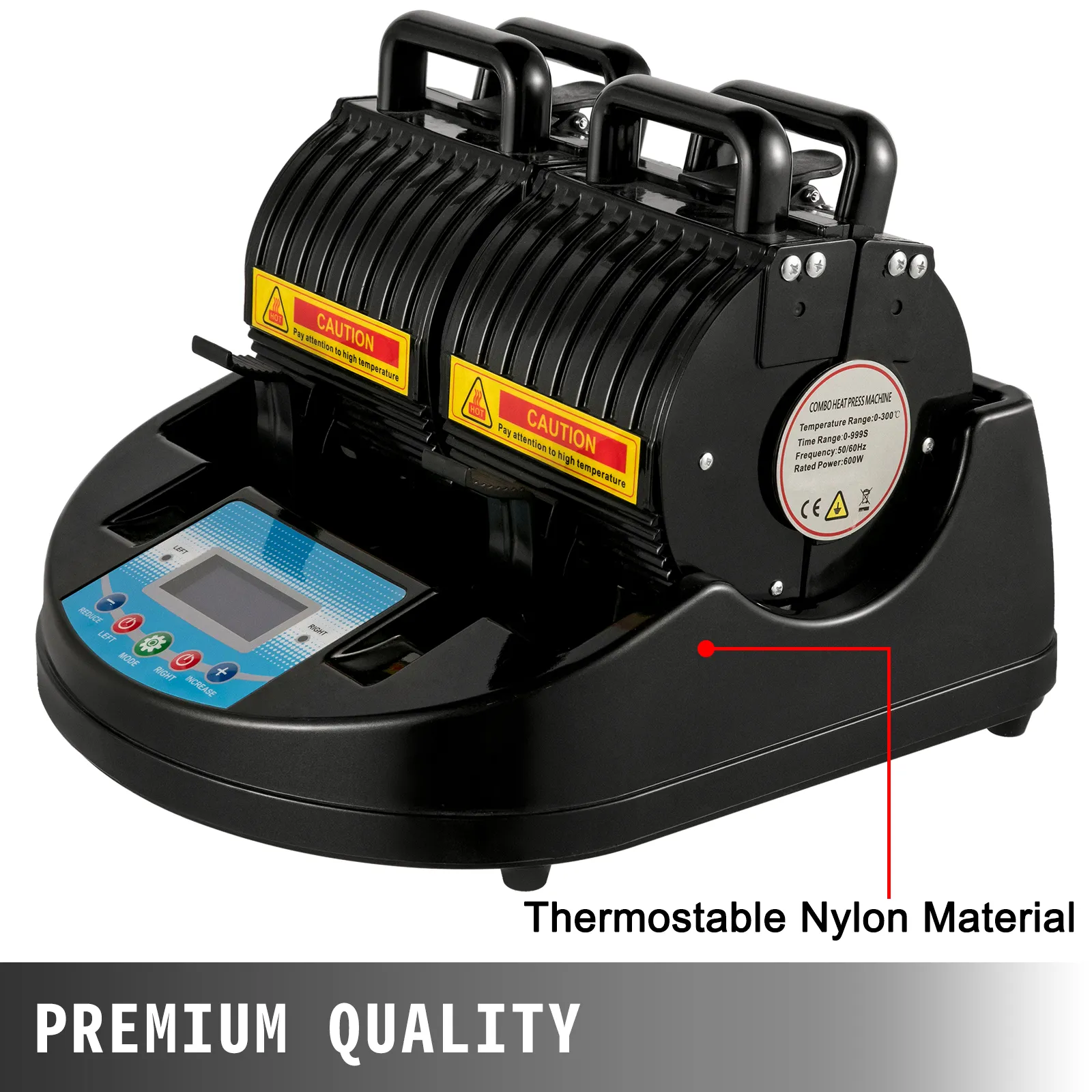 Prensa para tazas VEVOR con material de nailon termoestable y etiquetas de advertencia de alta temperatura.