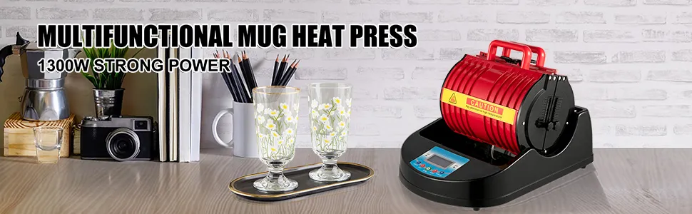 VEVOR mug heat press, 1300w, red and black, displayed next to decorated glass mugs.