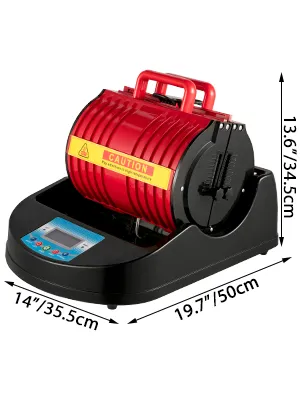 VEVOR mug heat press, red and black, with dimensions shown for height, width, and depth.