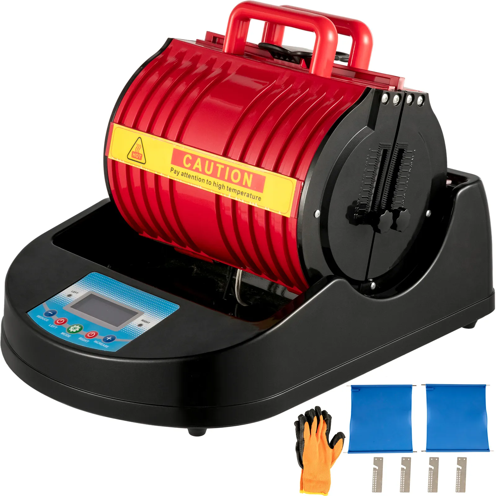 red and black VEVOR mug heat press with digital display, gloves, blue wraps, and accessories.