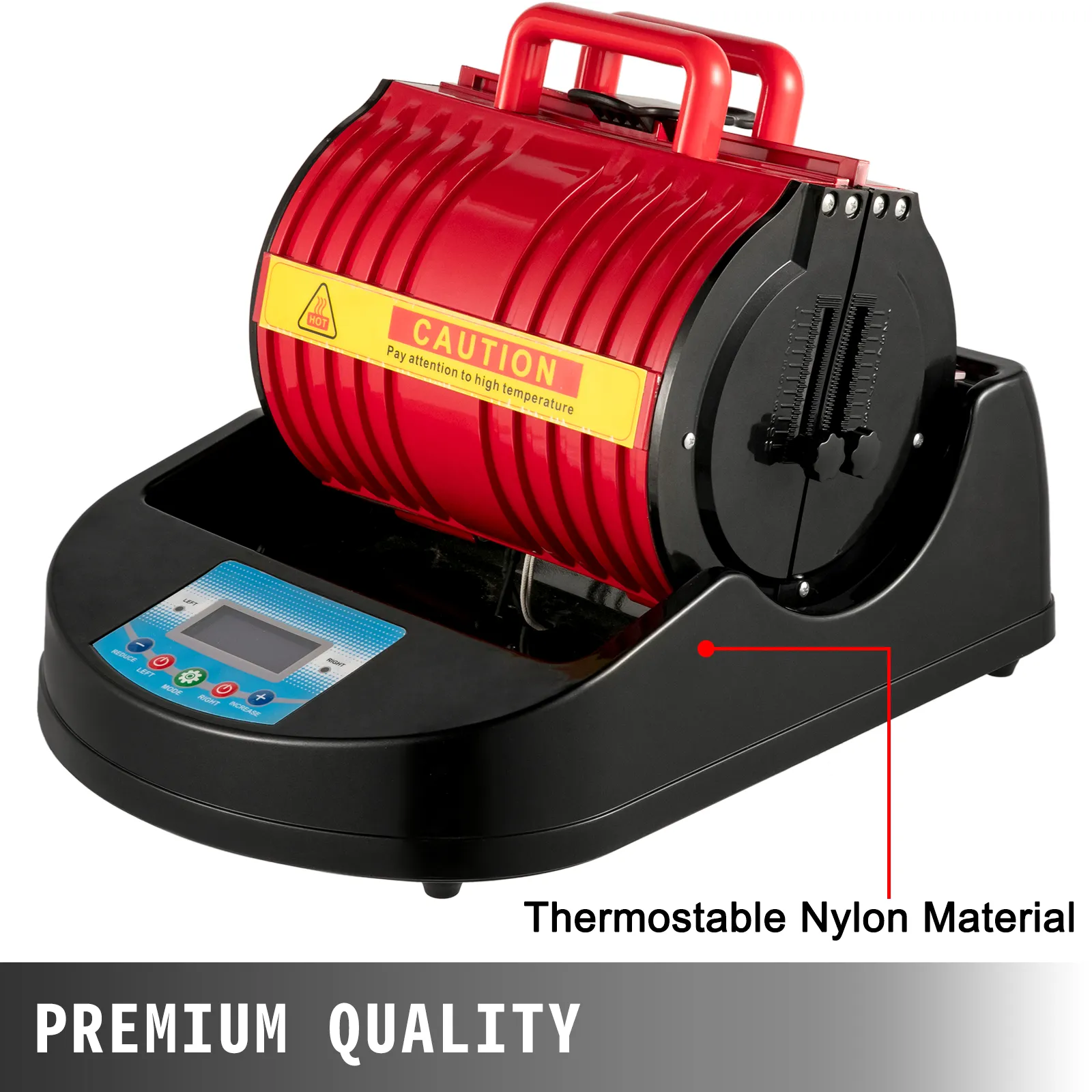 VEVOR mug heat press with red handle and thermostable nylon material.