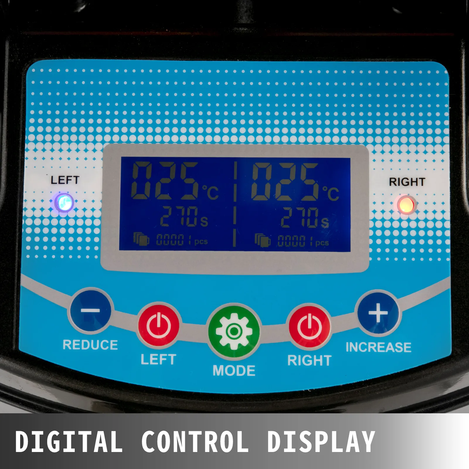 VEVOR mug heat press digital control display with temperature and time settings.