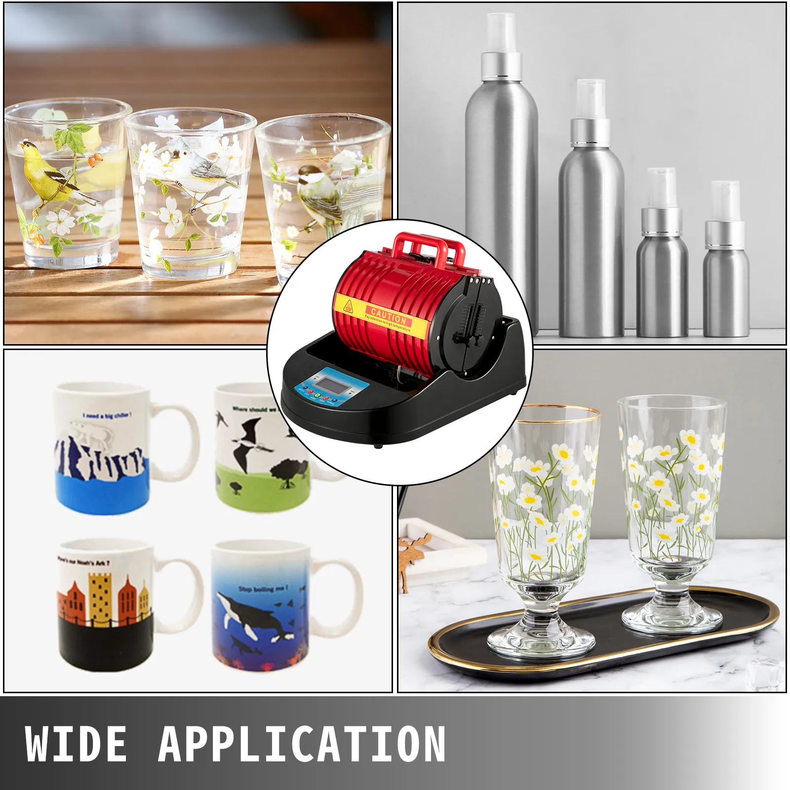 VEVOR mug heat press with floral glasses, aluminum bottles, and custom mugs.