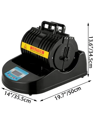 VEVOR-Heißpresse für Tassen mit den Abmessungen: 19,7 x 14 x 13,6 Zoll, schwarz-gelbes Design.