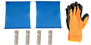 VEVOR-Teile für die Heißpresse von Tassen mit blauem Gummi, Metallklammern und orangefarbenen Handschuhen.