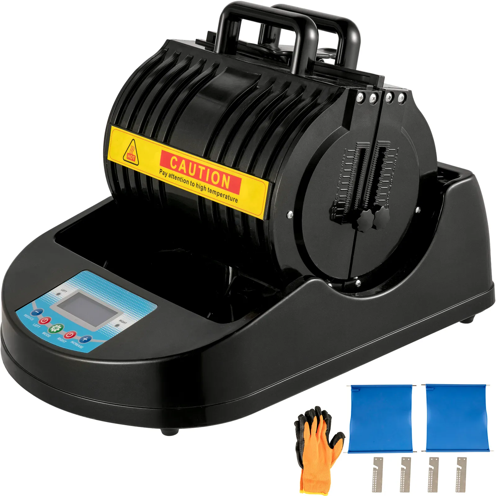 VEVOR-Becher-Heißpresse mit LCD-Display, Hitzewarnschild, Handschuhen und Zubehör.