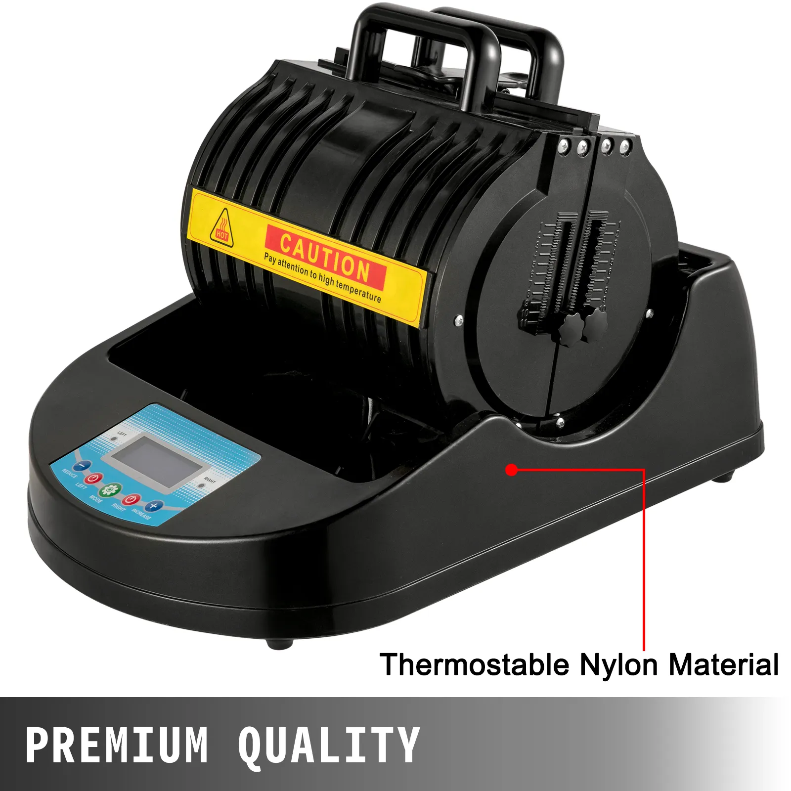 VEVOR-Becher-Heißpresse mit digitalem Bedienfeld und Warnhinweis. Premium-Qualität.