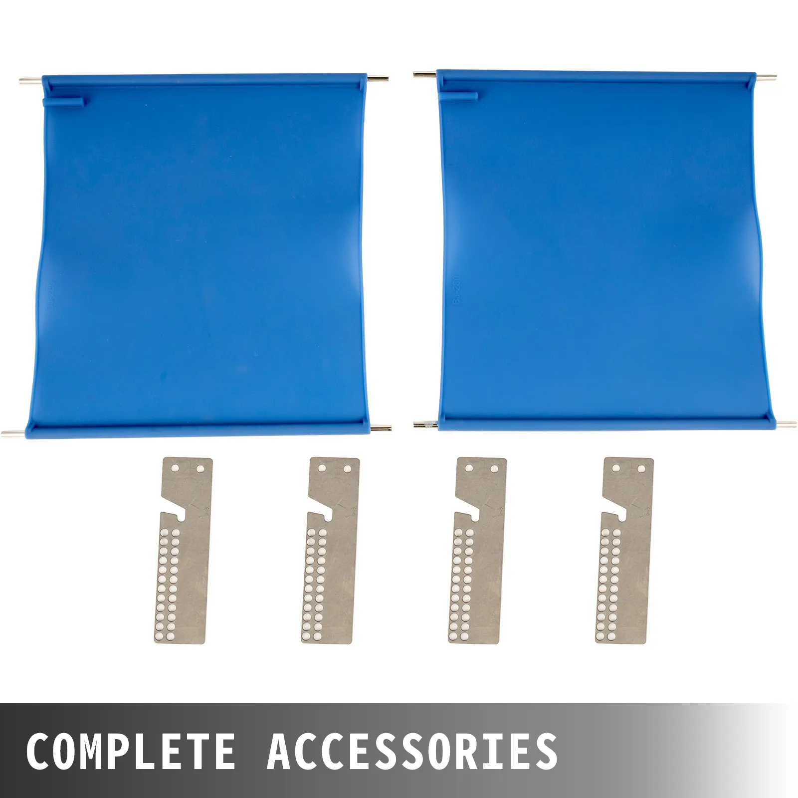 Zubehör für die VEVOR-Tassen-Hitzepresse: 2 blaue Silikonpads und 4 silberne Metallhalterungen.