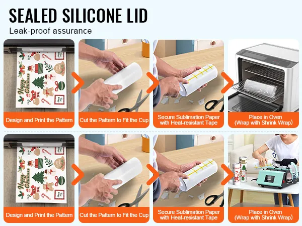semplice processo di sublimazione dei bicchieri VEVOR in 4 fasi: progettazione, taglio, fissaggio e riscaldamento in forno.