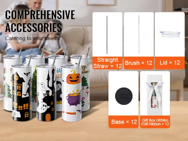 accessori completi per i bicchieri per sublimazione VEVOR, tra cui cannucce, spazzole, coperchi e basi.