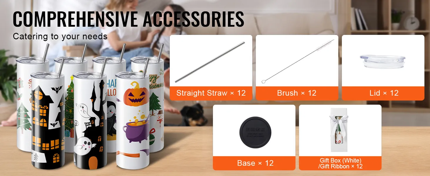 accessori completi per i bicchieri per sublimazione VEVOR, tra cui cannucce, spazzole, coperchi e basi.