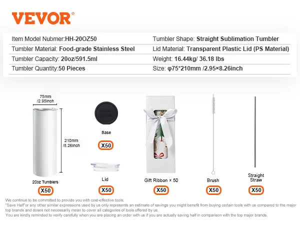 VEVOR sublimation tumblers set with stainless steel 20oz tumblers, lids, bases, straws, and gift ribbons.