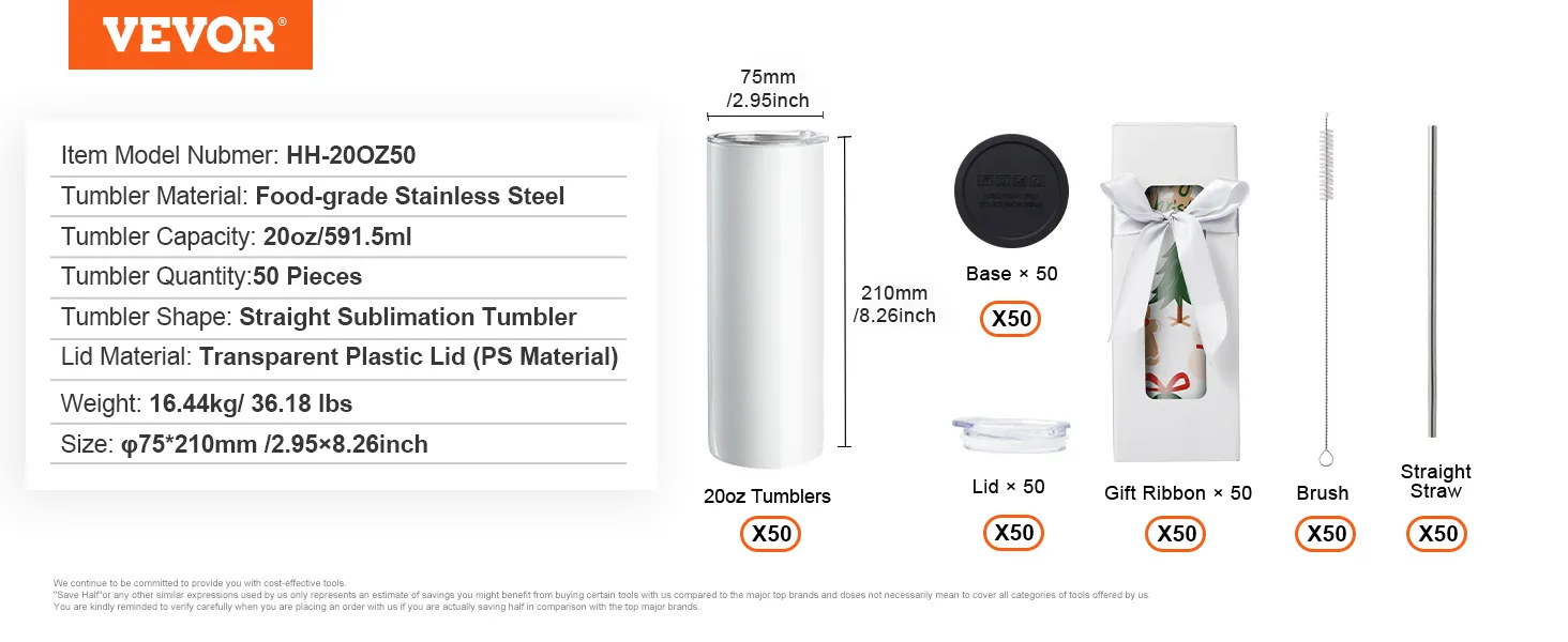 VEVOR sublimation tumblers set with stainless steel 20oz tumblers, lids, bases, straws, and gift ribbons.