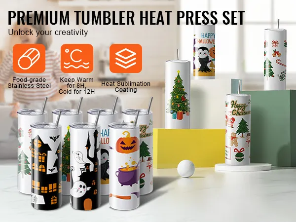 VEVOR sublimation tumblers with colorful holiday designs, food-grade stainless steel, keep drinks hot/cold