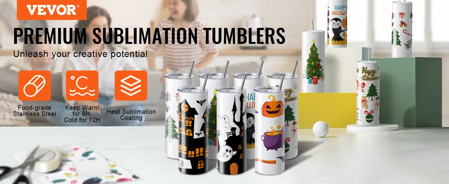 VEVOR sublimation tumblers with colorful holiday designs, food-grade stainless steel, keep drinks hot/cold