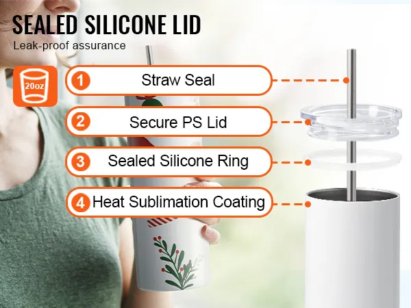 sealed silicone lid for 20oz VEVOR sublimation tumblers with straw seal, secure ps lid, and heat sublimation coating.
