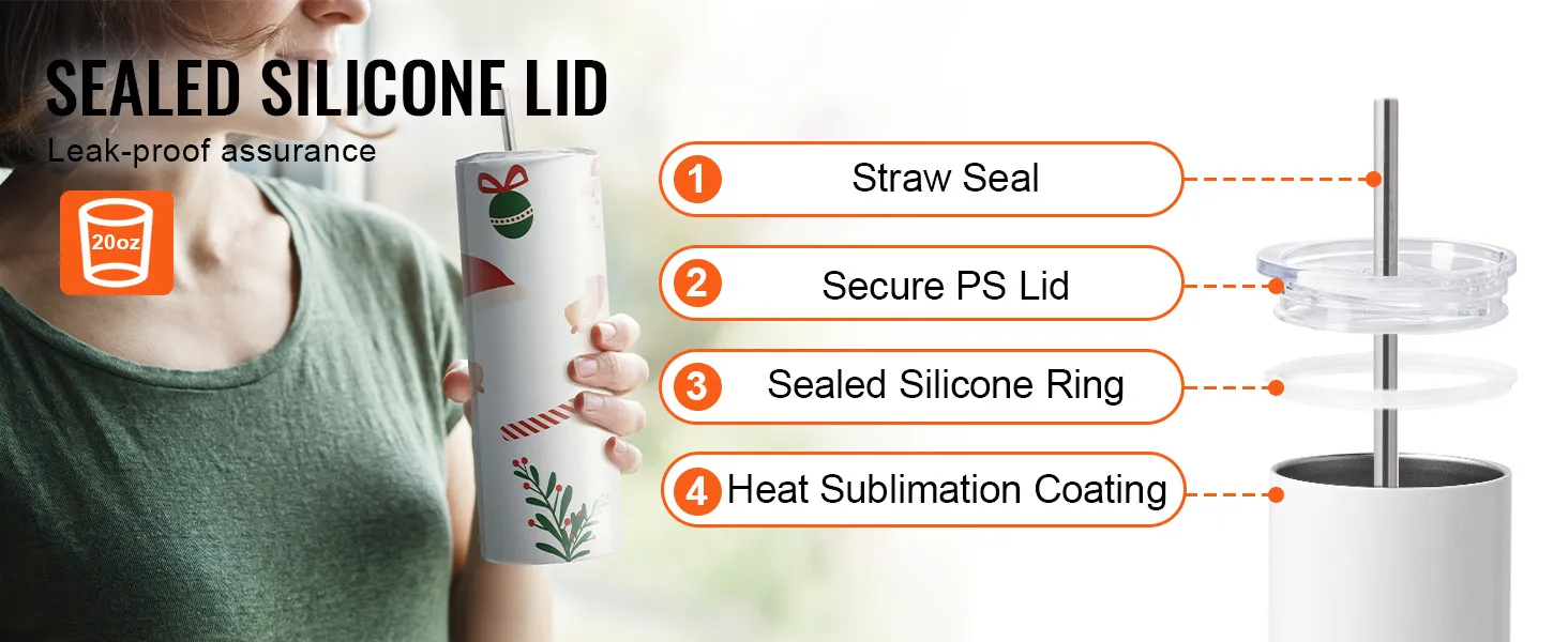 sealed silicone lid for 20oz VEVOR sublimation tumblers with straw seal, secure ps lid, and heat sublimation coating.