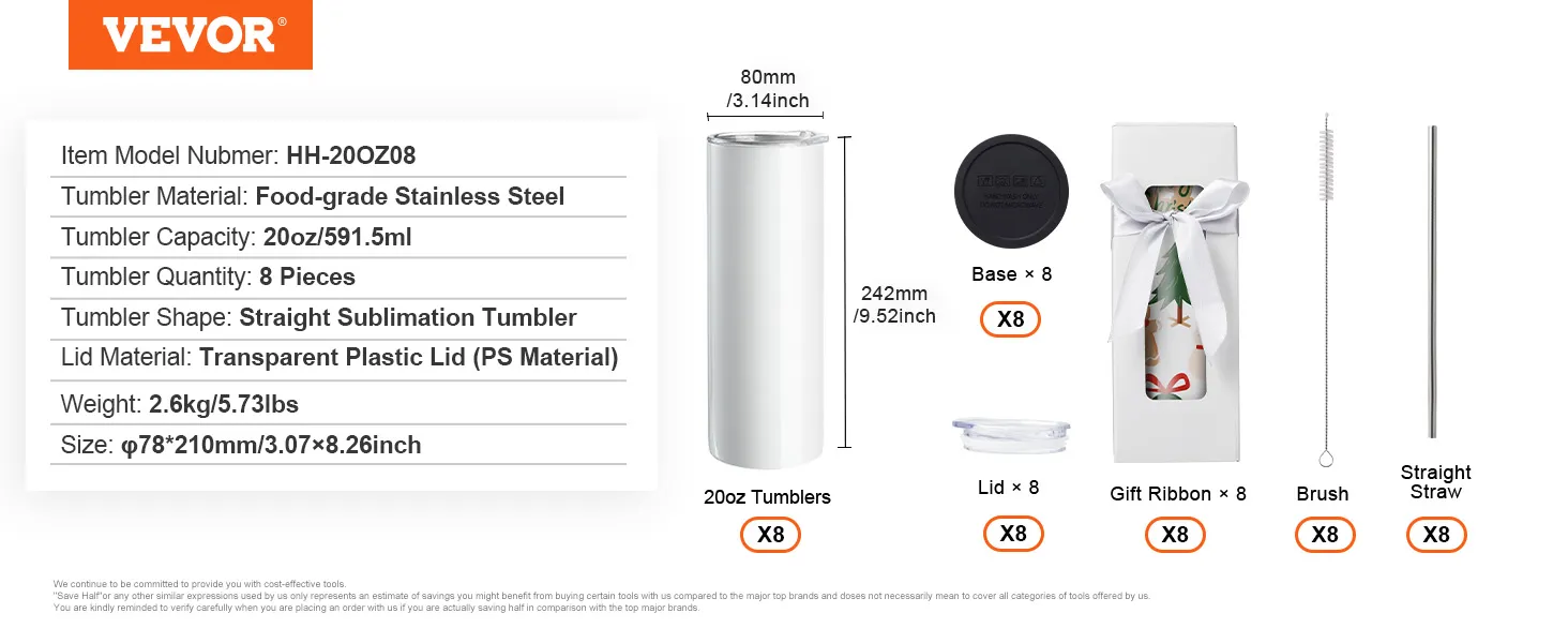 VEVOR sublimatiebekerset van roestvrij staal van voedingskwaliteit, inhoud 20oz, 8 stuks, borstel en rietje.