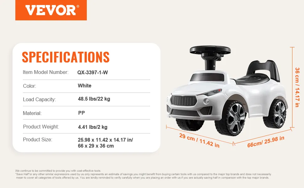 VEVOR ride on push car, white, 48.5 lbs load capacity, 25.98x11.42x14.17 inches, model qx-3397-1-w.