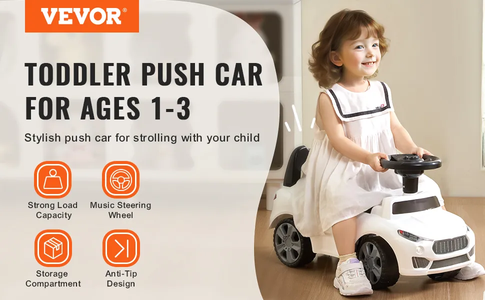 VEVOR ride on push car for toddlers aged 1-3, featuring strong load capacity, music steering wheel, storage compartment