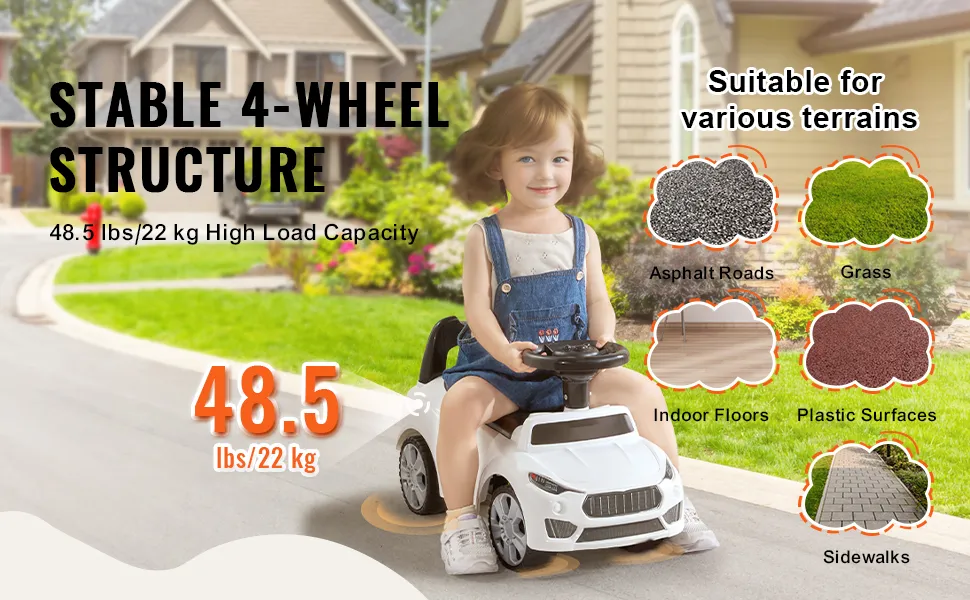 child on VEVOR ride on push car, stable 4-wheel structure, 48.5 lbs/22 kg capacity, versatile terrains.