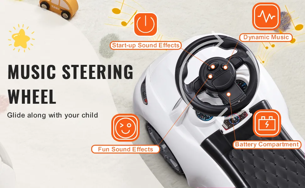 VEVOR ride on push car with music steering wheel, fun sound effects, dynamic music, and battery compartment.
