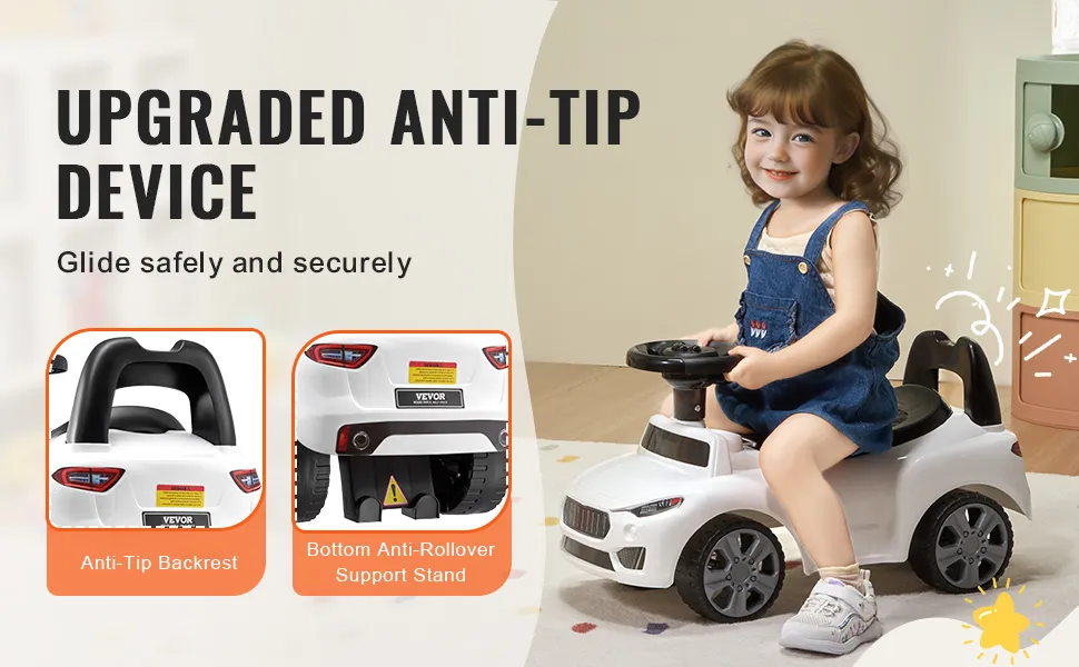 child riding a VEVOR ride on push car with anti-tip device, backrest, and support stand in a playroom.