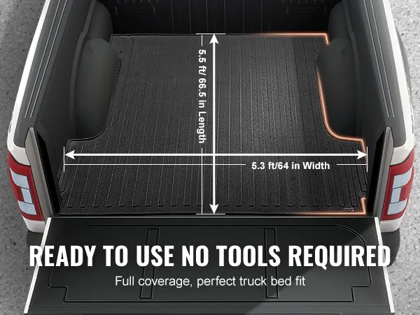 VEVOR truck bed mat dimensions labeled, emphasizing easy installation and perfect fit.