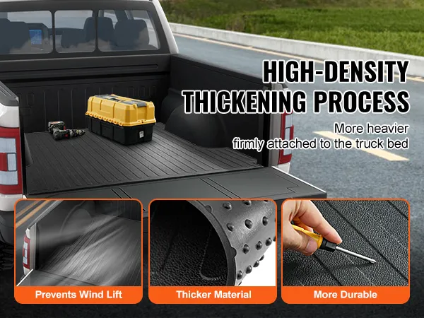 high-density VEVOR truck bed mat with tool box, drill, and detailed material features.