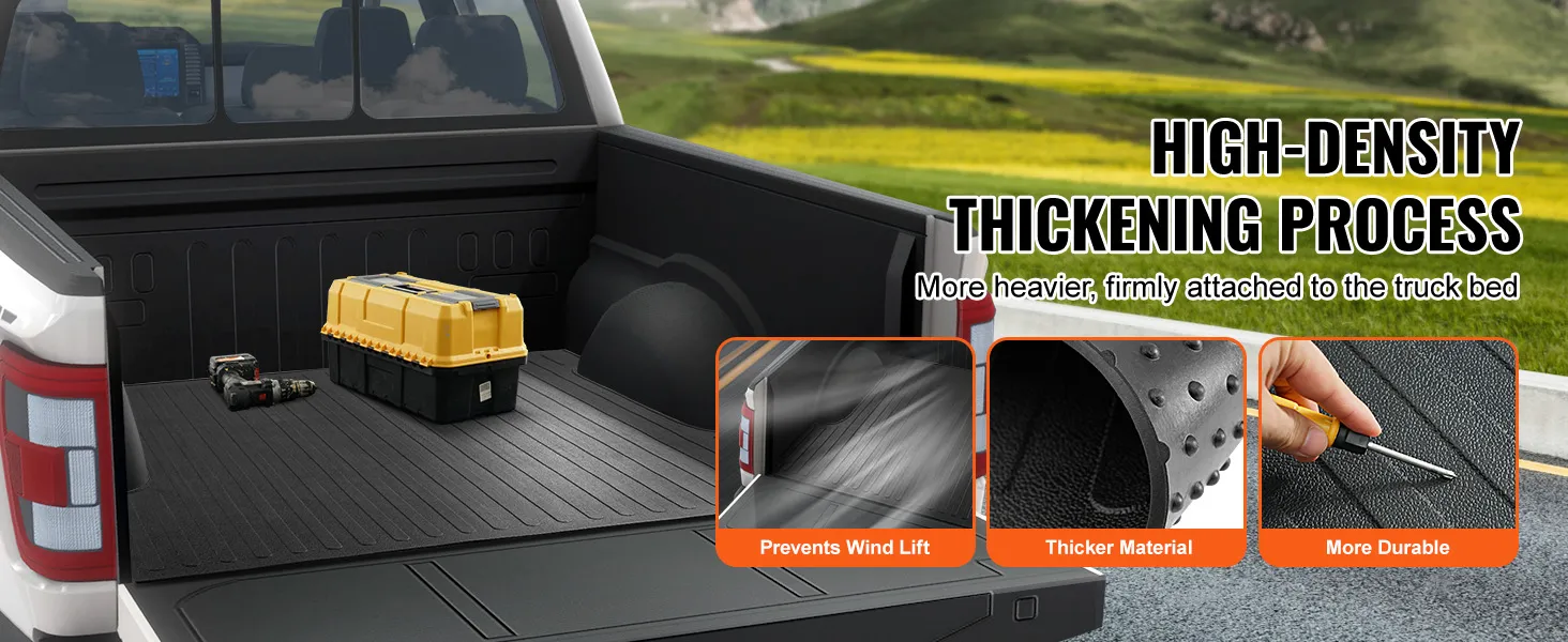 high-density VEVOR truck bed mat with tool box, drill, and detailed material features.