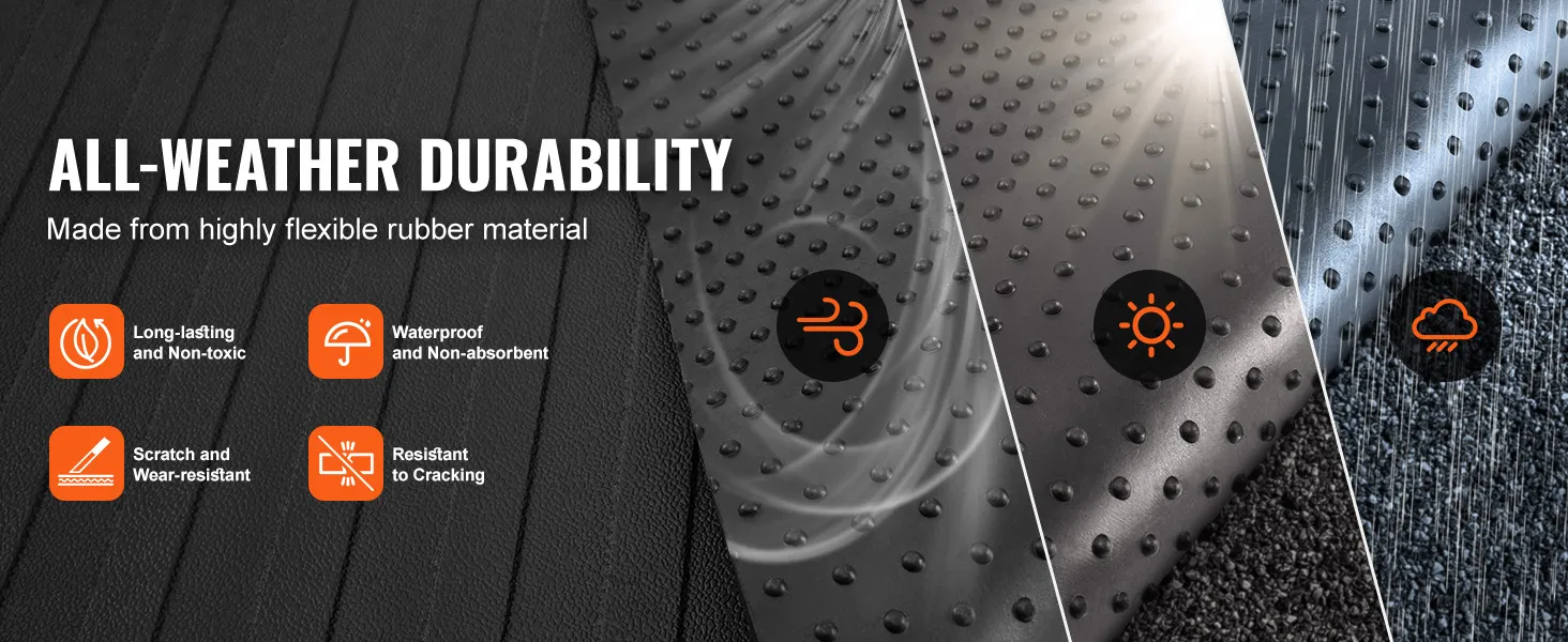 all-weather VEVOR truck bed mat, flexible rubber, scratch-resistant, waterproof, non-toxic, durable.
